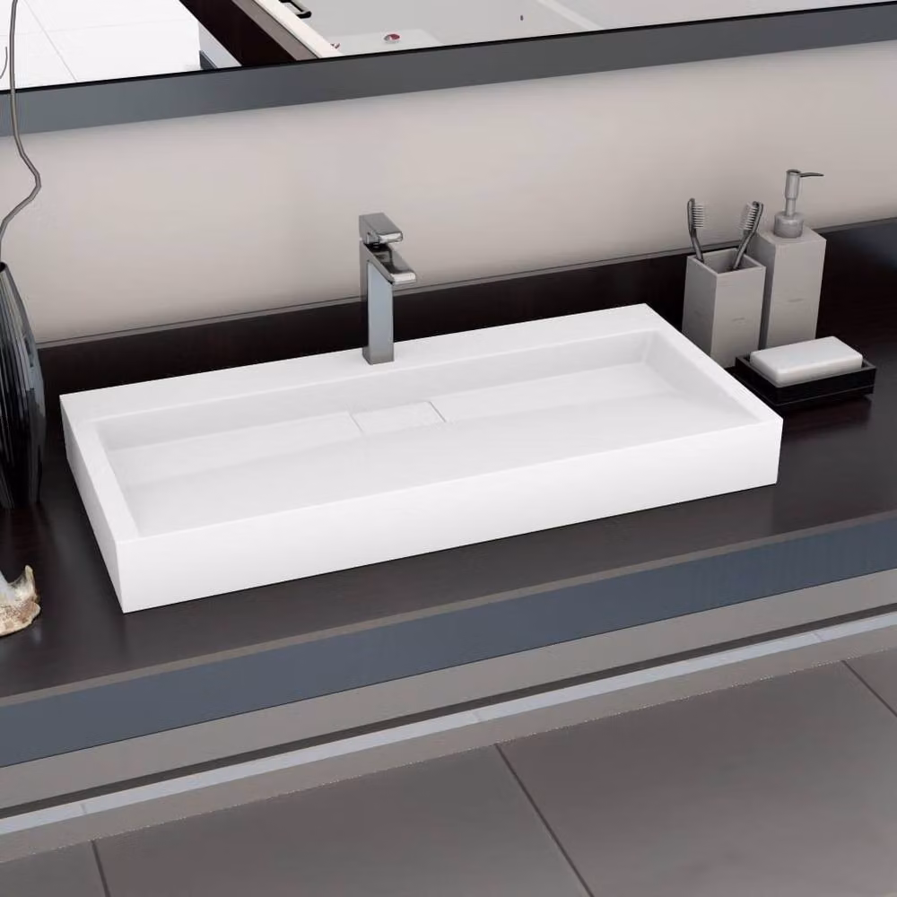 Berkfield Home White Mineral Cast Rectangular Wall Hung Wash Basin W/D/H: 100 x 46 x 11 cm – 2