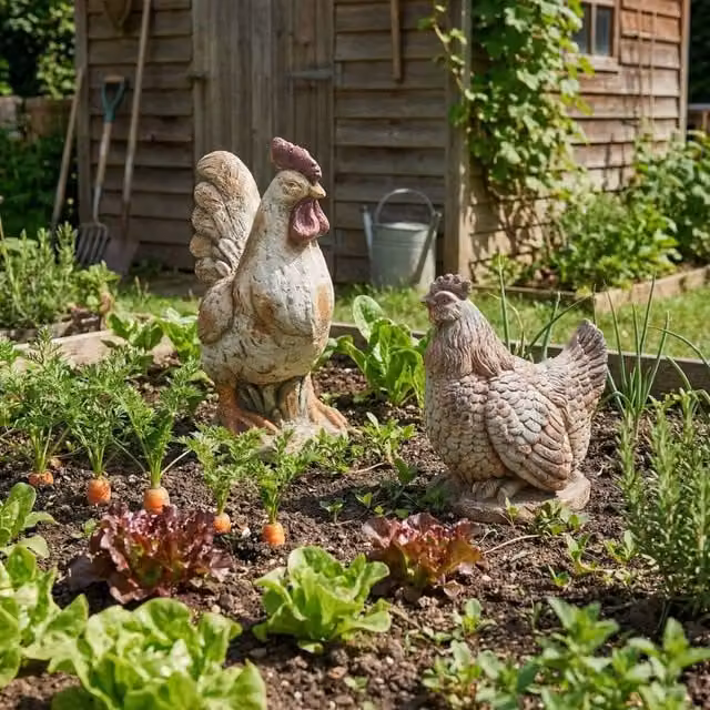 Wyld and Coco Beige Chicken Figurine Set of 2 Ceramic Rooster and Hen Garden Statues
