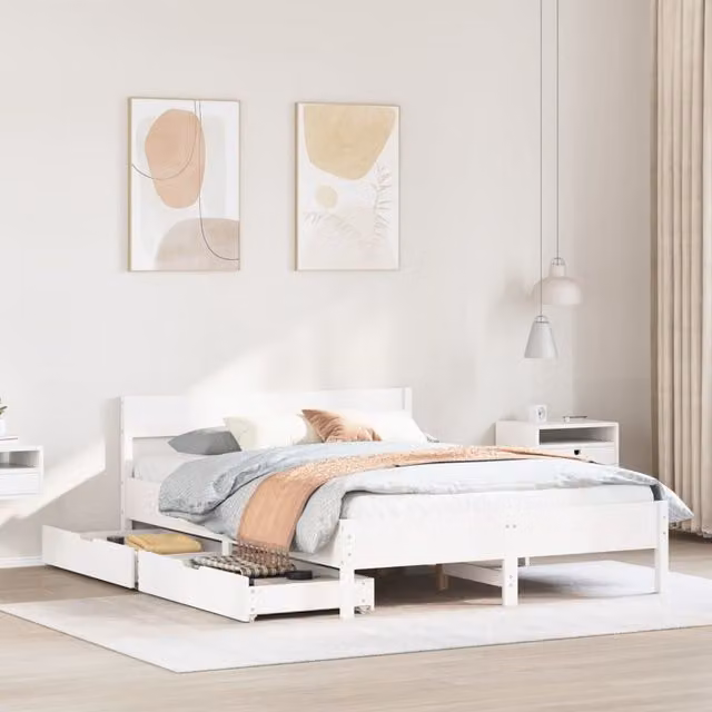 Berkfield Home White Solid Wood Pine Bed Frame with Drawers, W/D/H: 150 x 200 cm