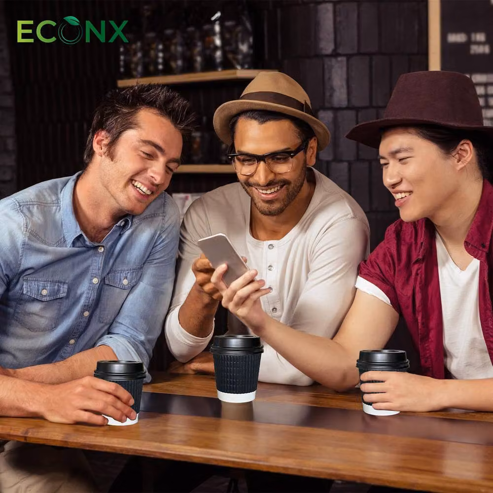 ECONX 100 Black Triple Layer Ripple Paper Coffee Cups with Lids, 4oz – 8