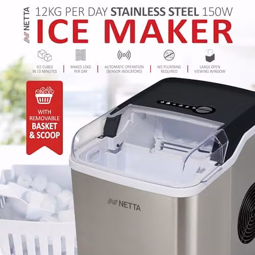 NETTA Ice Maker Machine with 12kg Capacity and 1.8L Tank in Stainless Steel and Black – 2