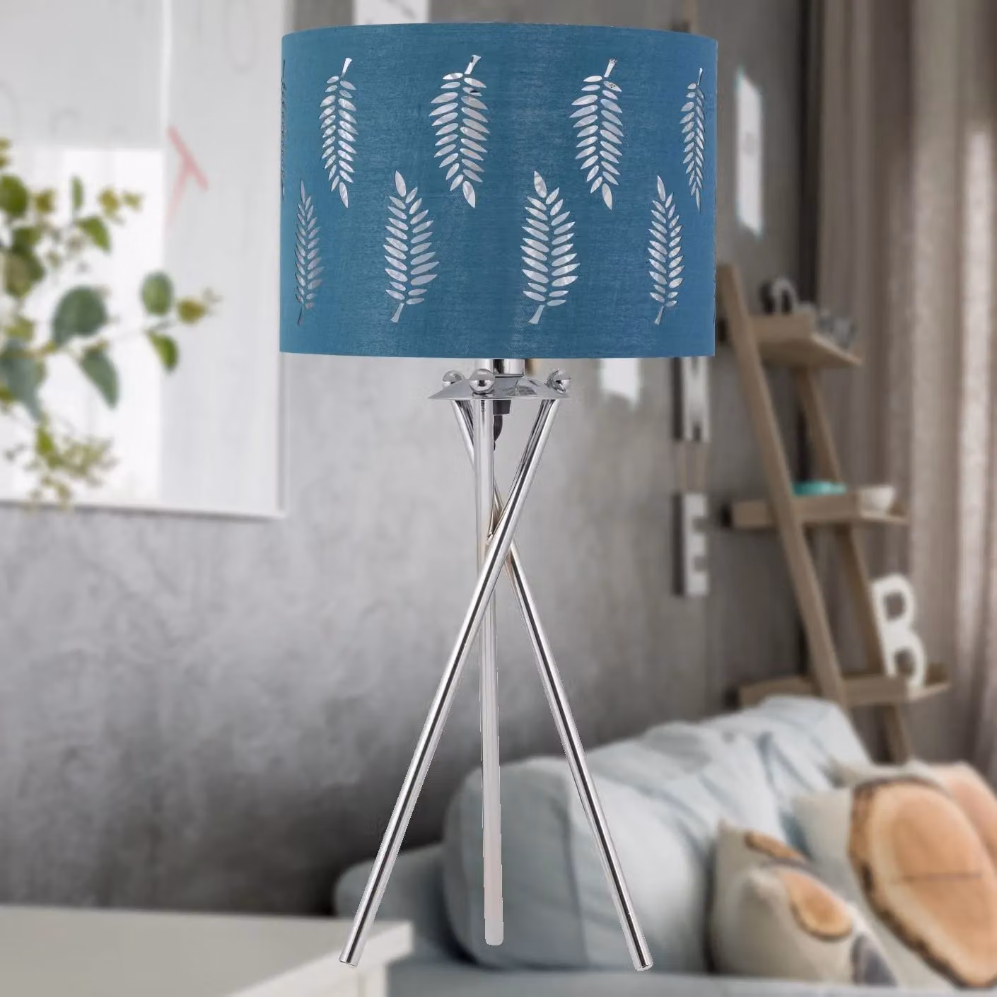 First Choice Lighting Set of 2 Silver Tripod Table Lamps with Teal Fern Cut Out Shades – 3