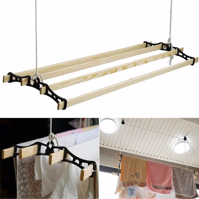 Gr8 Home Black Cast Iron and Wood 4 Lath Ceiling Pulley Clothes Airer – 7