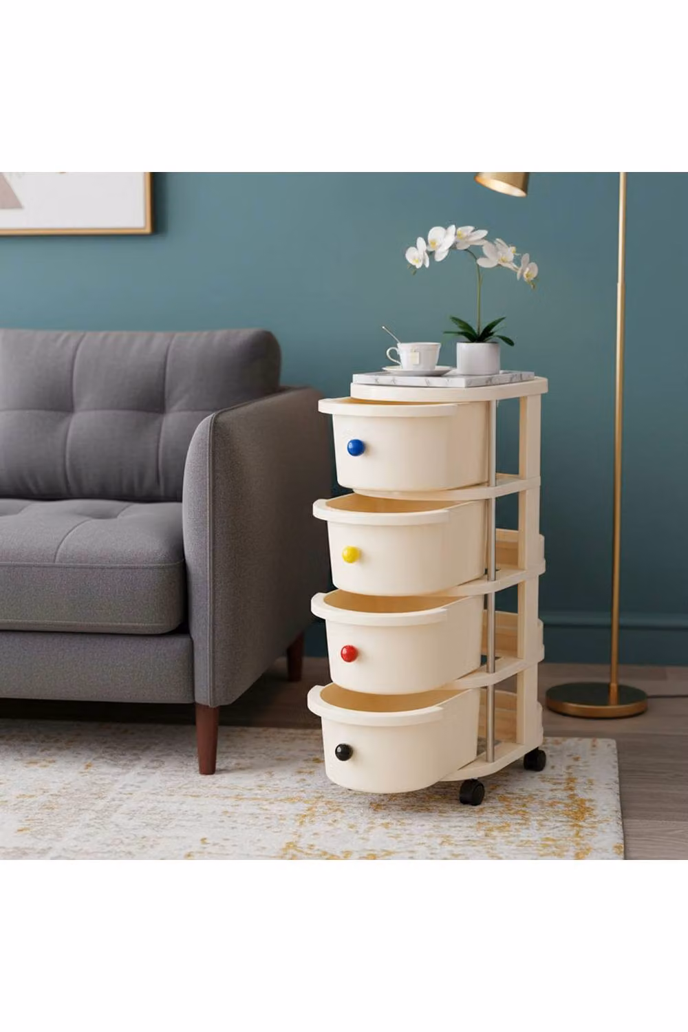 Living and Home 4-Tier Rolling Storage Cart with Drawers and Lockable Casters in Beige – 3