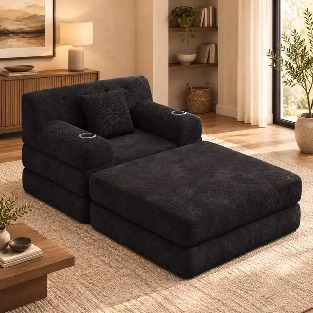 STILVORA Black Sleeper Chair Sofa with Cup Holders and Pockets
