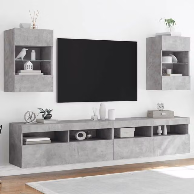 Berkfield Home Set of 2 Modern Wall Mounted TV Cabinets with Integrated LED Lights in Concrete Grey, W/D/H: 40 x 30 x 60.5 cm