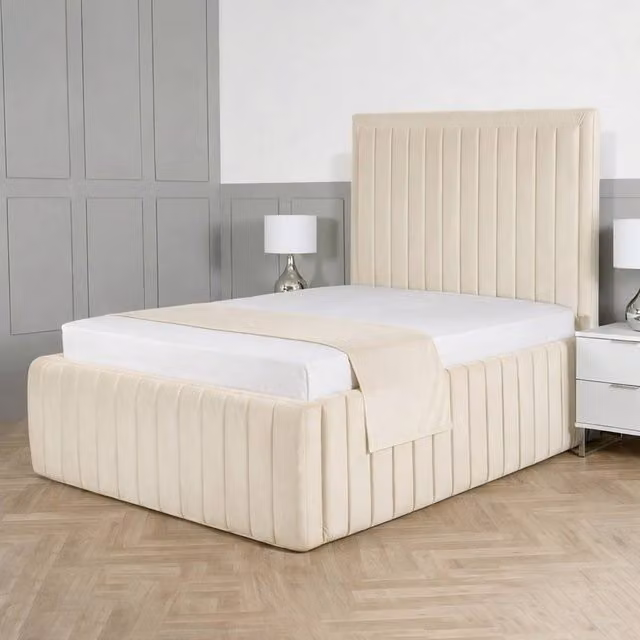 Living Comfort Bedz Saint Germain Super King Upholstered Velvet Gas Lift Storage Bed with 48 Inch Headboard in Beige