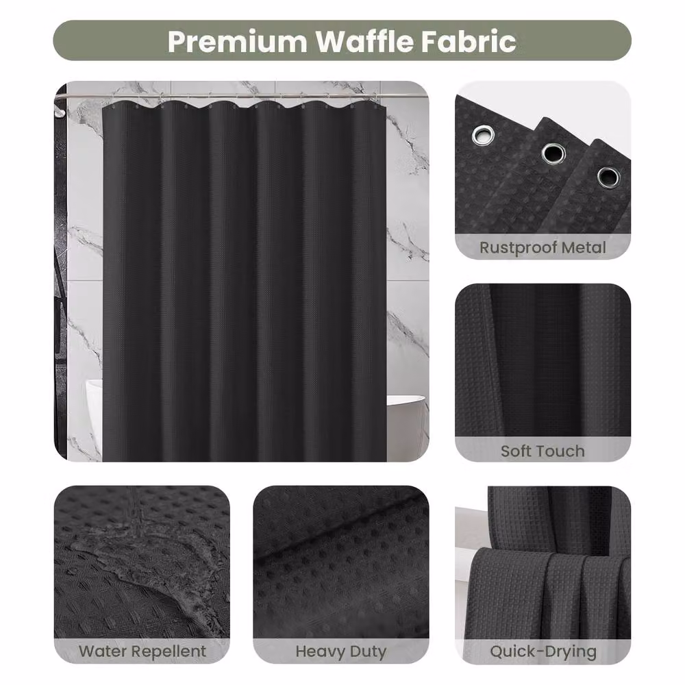 INHOUSOLU Black Waffle Weave Polyester Shower Curtain with Weighted Hem and Hooks, Width: 184 cm – 5