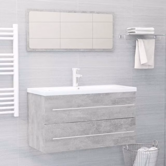 Berkfield Home 2 Piece Modern Bathroom Furniture Set in Matt Grey featuring a Wall Mounted Vanity Unit and Mirror Cabinet