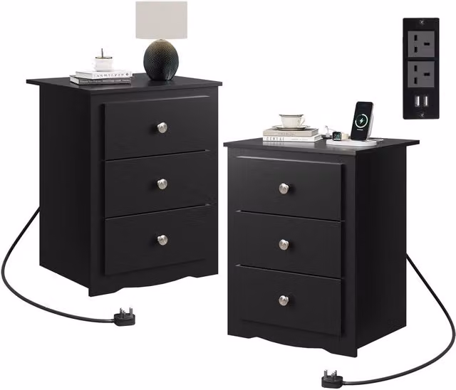 Rolipo Black 3 Drawer Bedside Table with Charging Station