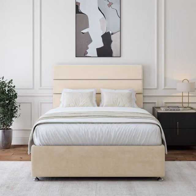 Bedmaster Small Single Luxury Velvet 2 Drawer Divan Base and Lined Headboard in Beige