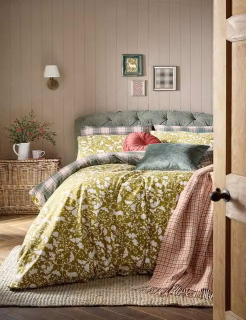 Laura Ashley Litton Christmas Bedding Set, Green Mix Checked Brushed Cotton Flannelette, 90x190 cm