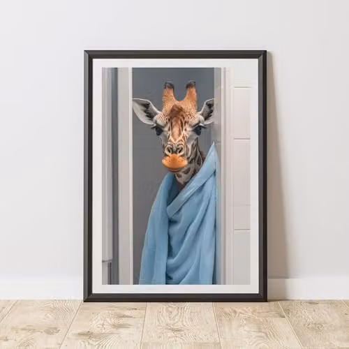 60 Second Makeover Giraffe Blue Towel Animal Print Paper Poster, W: 21.0 cm, H: 29.7 cm