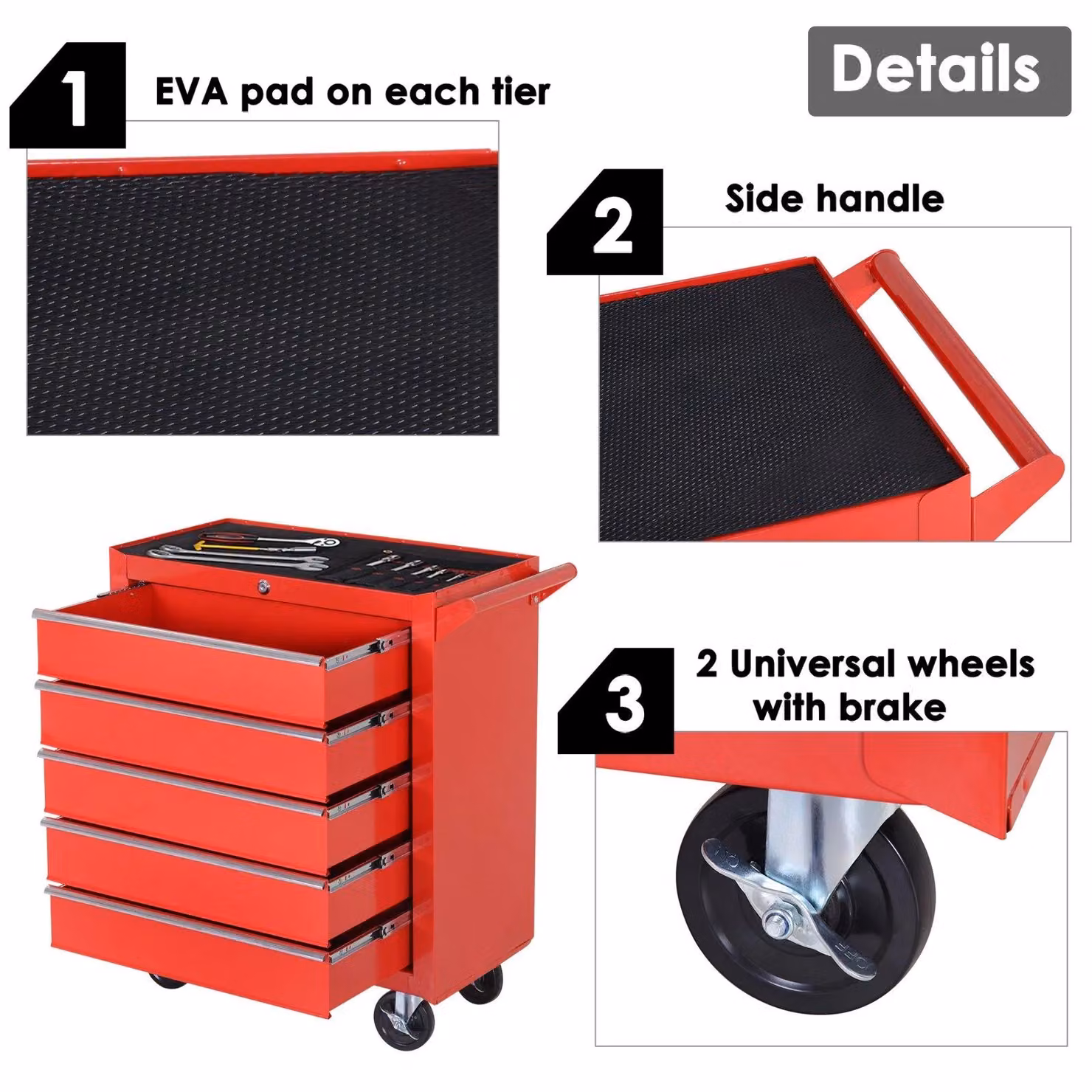DURHAND Lockable Steel Roller Tool Cabinet with Worktop, Red – 5