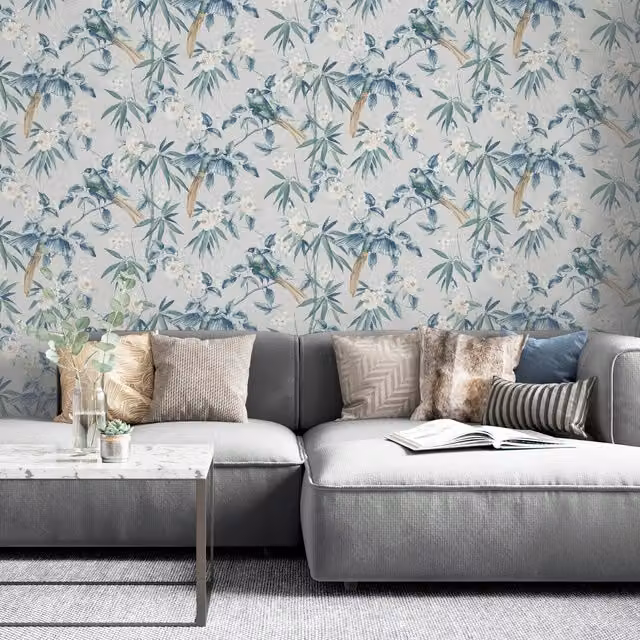 Arthouse Oriental Floral Birds Wallpaper in Grey Blue
