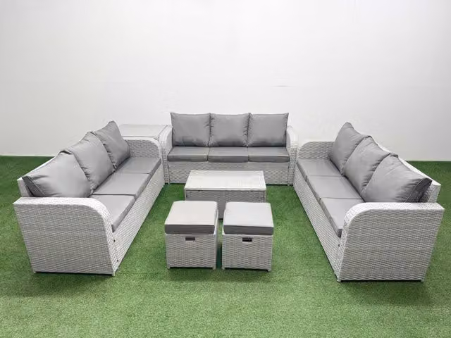 Fimous 11 Seater PE Rattan Outdoor Garden Furniture Set in Light Grey with 3 Seater Sofa, Coffee Table and Ottomans