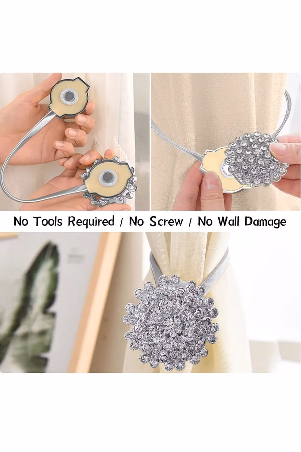 Living and Home 2-Pack Silver Crystal Flower Magnetic Curtain Tie Backs with Elastic Spring – 4