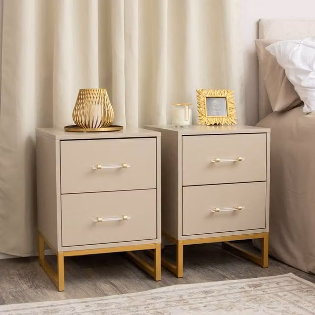 Melody Maison Liana Pair of Two Drawer Bedside Tables in Taupe, Gold and Beige