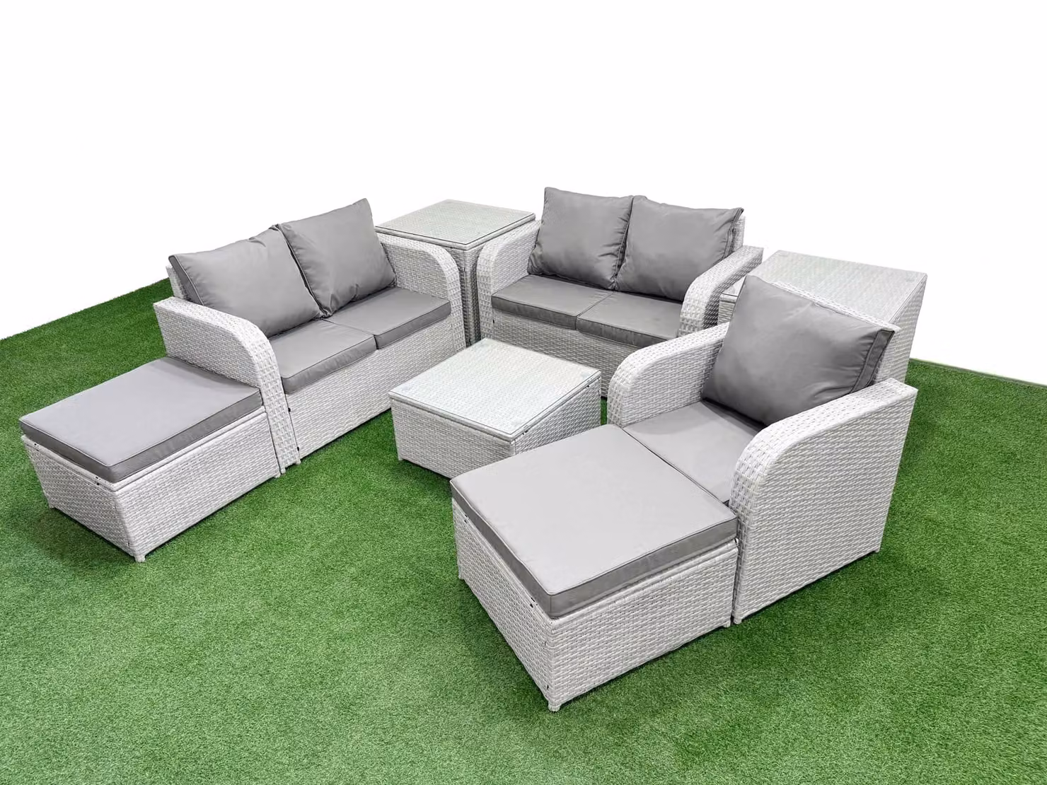 Fimous Grey Poly Rattan Garden Furniture Set with Upholstered Cushions, 2-Seater Sofa, Reclining Armchair, Coffee Table and Ottomans