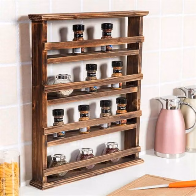 NESTLUNE 4-Tier Wall Mounted Rustic Wood Spice Holder in Brown, W: 100 cm, D: 15 cm, H: 60 cm