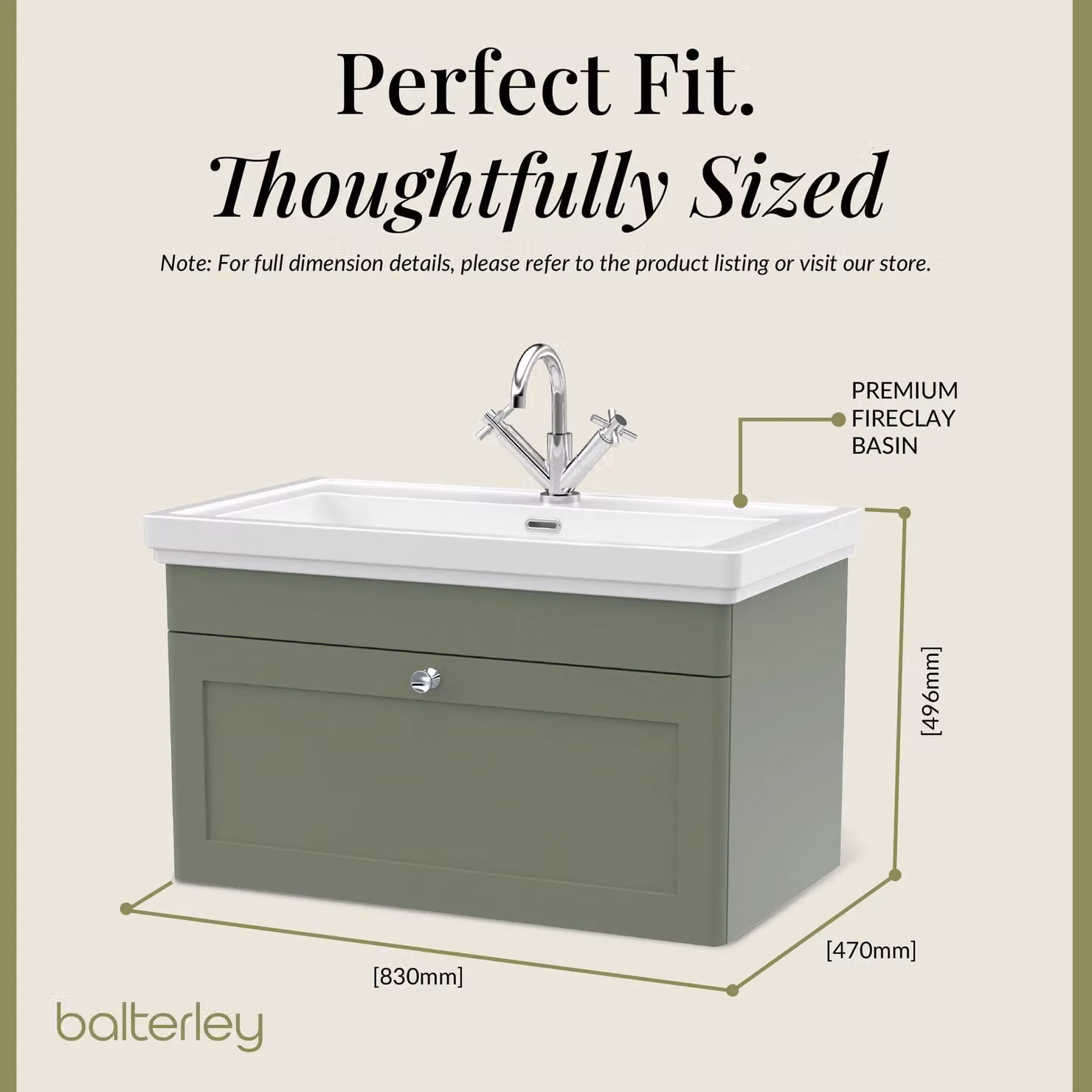 Balterley Wall Hung 1-Drawer Bathroom Vanity Unit and Fireclay Basin, Green, W: 80 cm – 4
