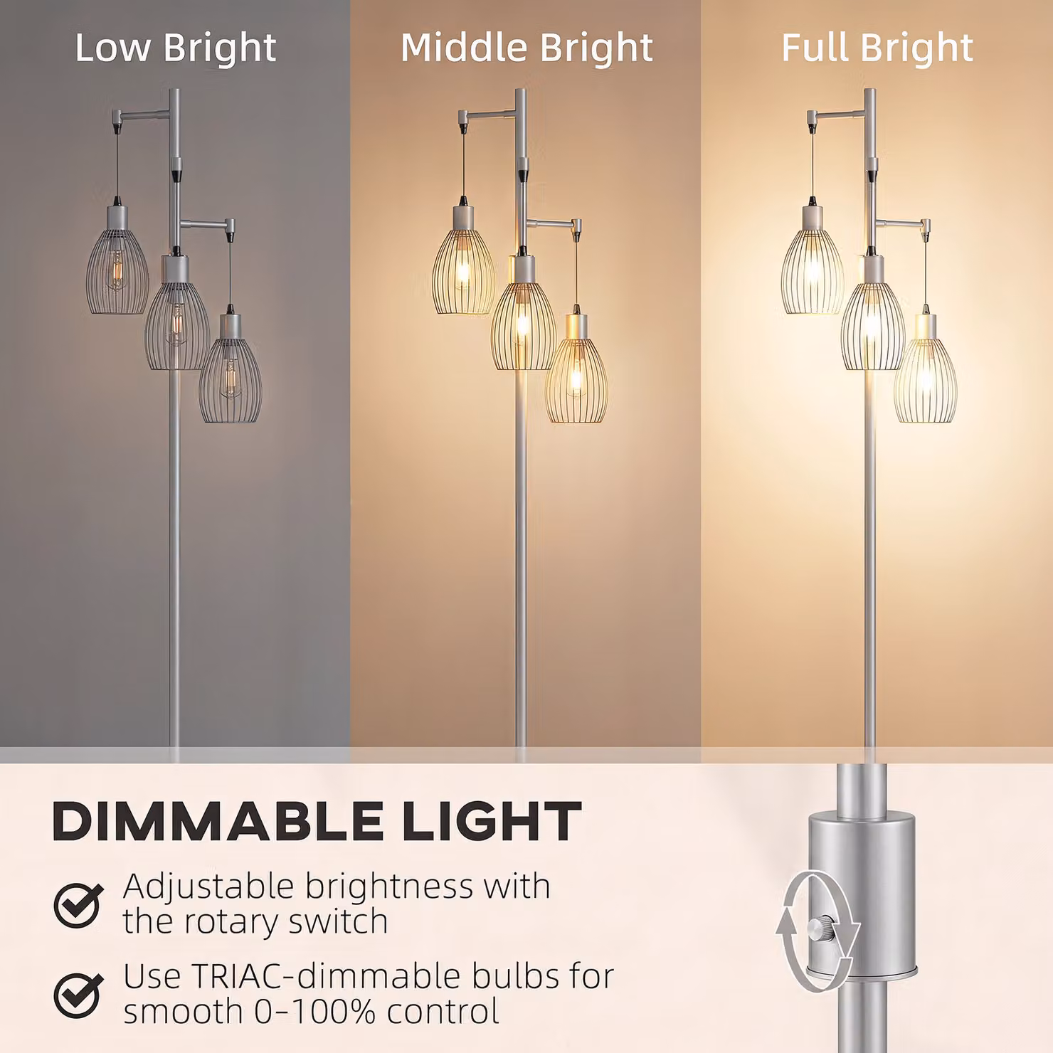 HOMCOM Industrial Dimmable 3-Light Floor Lamp with Steel Wire Cage Lampshades, Silver Tone, Height: 170.5 cm – 3