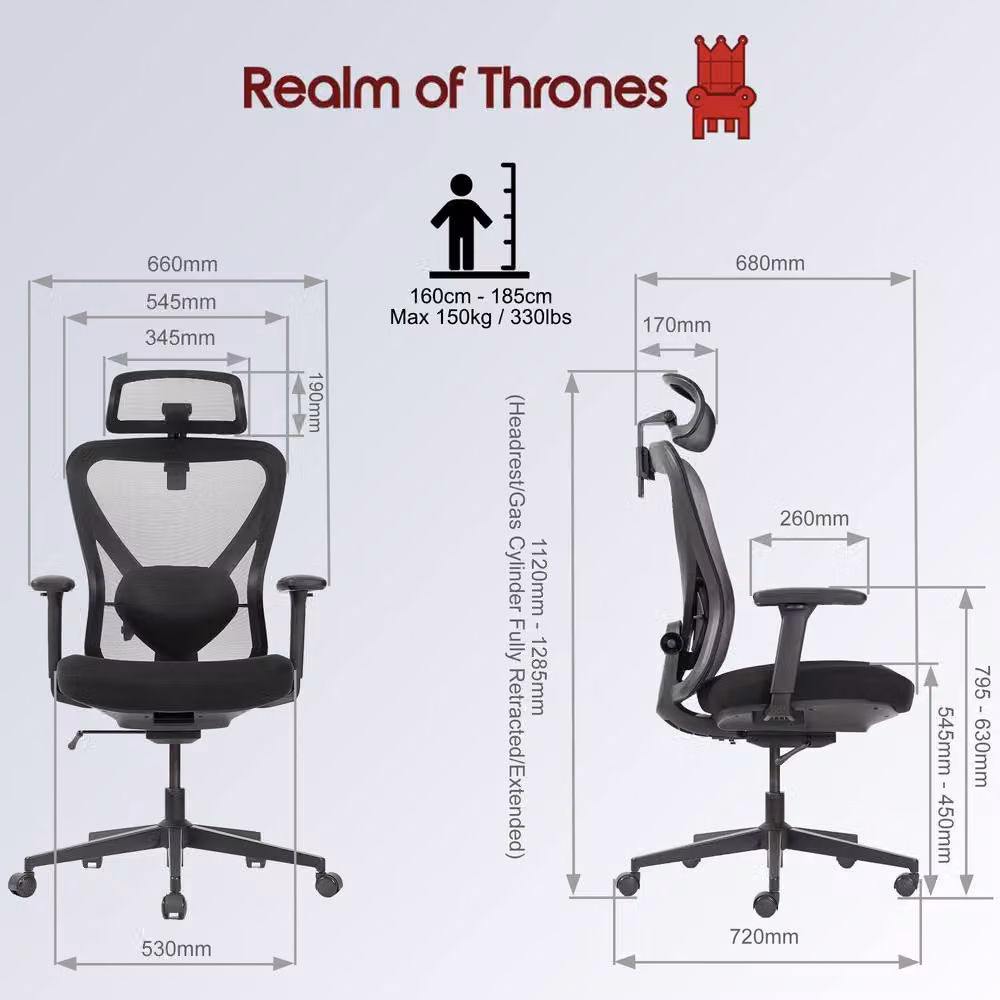 Realm of Thrones Ergonomic Black Mesh Office Chair with Headrest and Adjustable Weight Support – 9