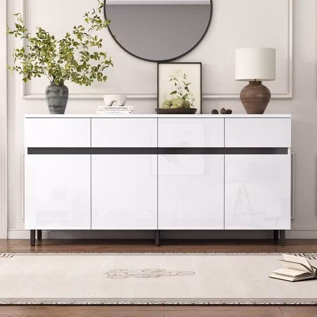 Rolipo White Glossy Highboard Sideboard Cabinet with 4 Doors and Drawers, 160 cm