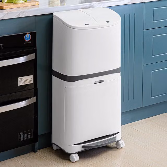 Livingandhome 2 Layer White Plastic Pedal Dustbin with Wheels and Removable Inner Bucket