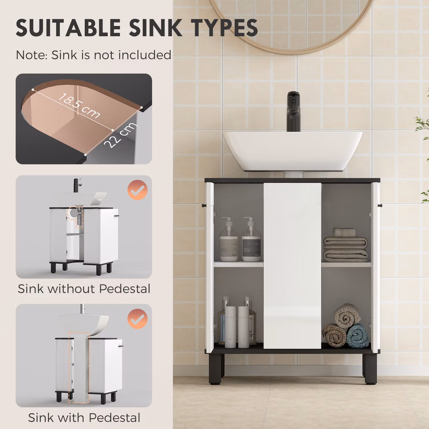 HOMCOM Modern White Under Sink Bathroom Cabinet with Adjustable Internal Shelves and Hinged Doors, W/D/H: 60 x 34 x 70 cm – 3