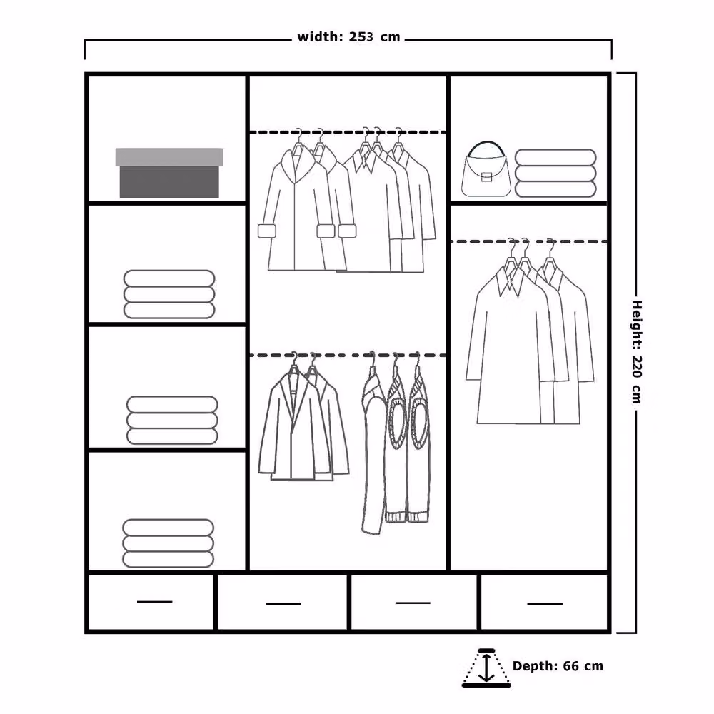 Sliding Wardrobes 4U Modern High Gloss Wardrobe with LED Lighting and Mirror Doors in Black, W/H: 253 x 220 cm – 3