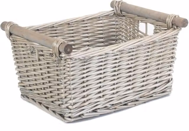 Red Hamper Wicker Storage Basket with Grey Wash Wooden Handles, Width: 30 cm