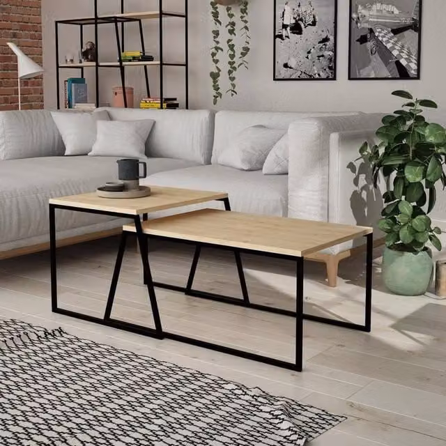 FORGEVIO Set of 2 Modern Nesting Coffee Tables in Natural Oak Finish and Brown Wood – 1