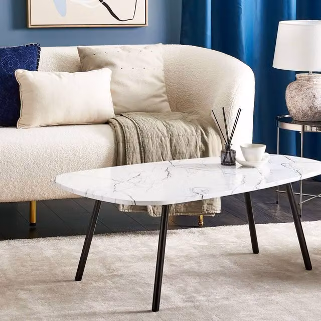 Wyld and Coco Oval White Marble Effect Coffee Table with Black Powder Coated Iron Legs, W/D/H: 110 x 60 x 40 cm