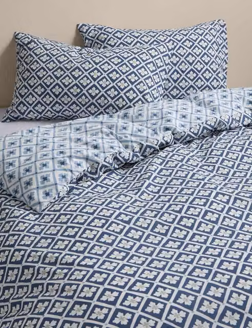 M&S Blue Mix Geometric Tile Cotton Blend Bedding Set, 180 x 200 cm