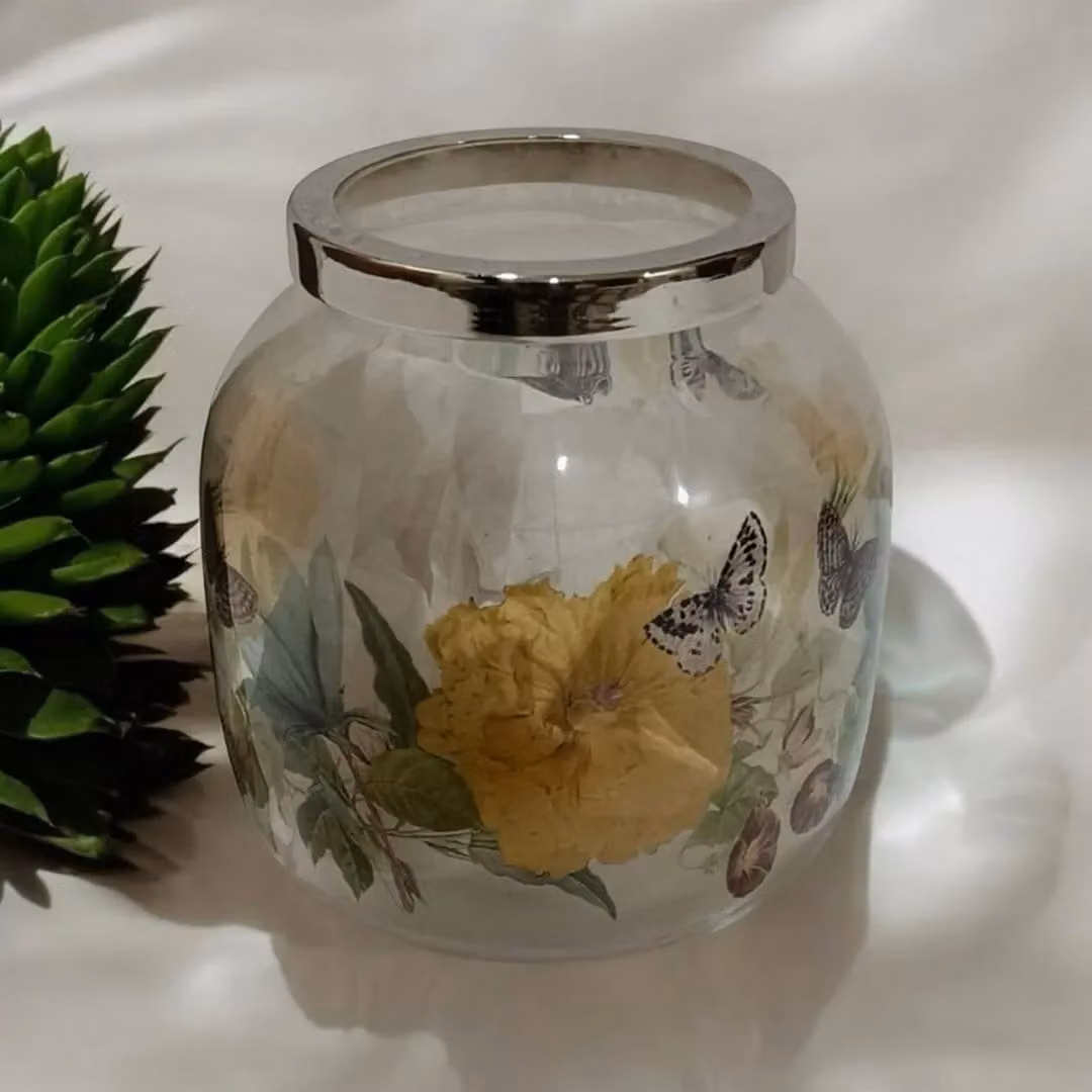 Minster Square Glass Flower Vase with Metal Rim in Transparent, W: 7 cm, D: 7 cm, H: 13 cm – 2