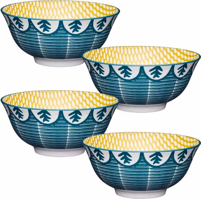 KitchenCraft 4-Piece Dark Blue Ceramic Leaf Print Bowl Set – 1