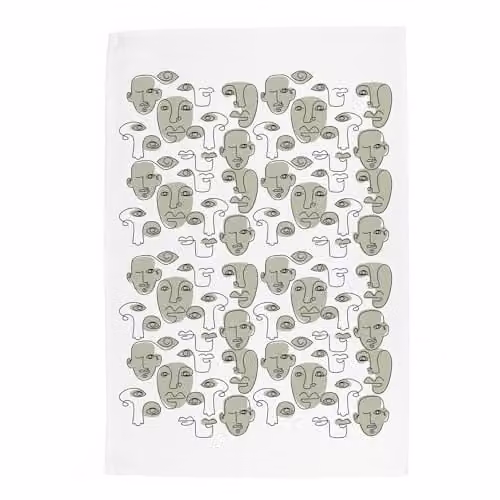 Purely Home Abstract Faces Cotton Kitchen Tea Towel in White, Green and Multicolour, W: 67 cm, H: 45 cm