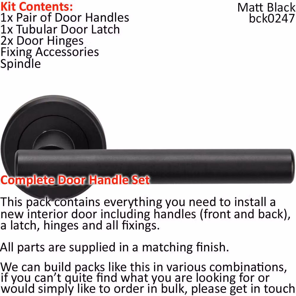 Loops Matt Black Straight T Bar Lever Door Handle and Latch Pack with Screwless Round Rose – 2