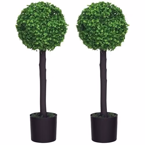 HOMCOM Set of 2 Green Artificial Boxwood Topiary Balls in Concrete Pots, W/D/H: 20 x 20 x 60 cm – 1