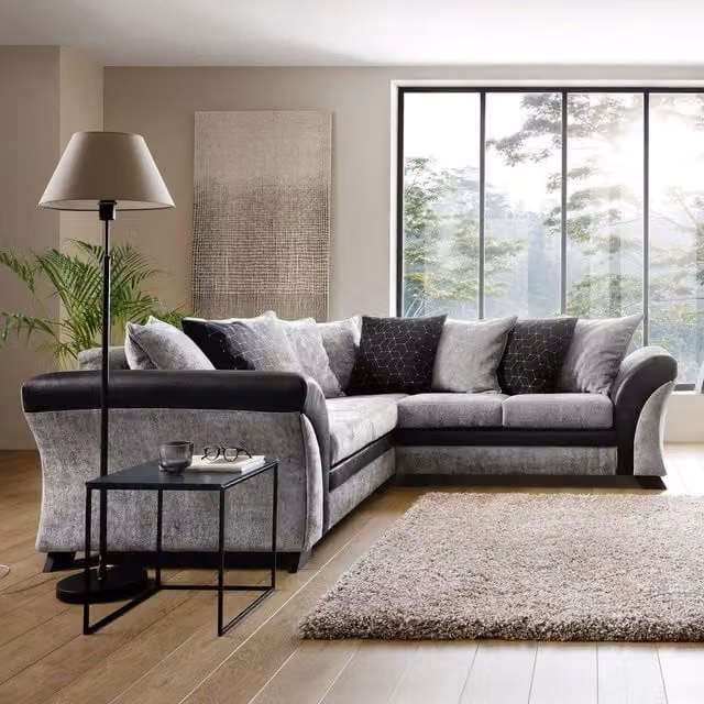Abakus Direct Farrow Left-Facing L-Shape Corner Sofa in Black and Grey Crushed Chenille Fabric
