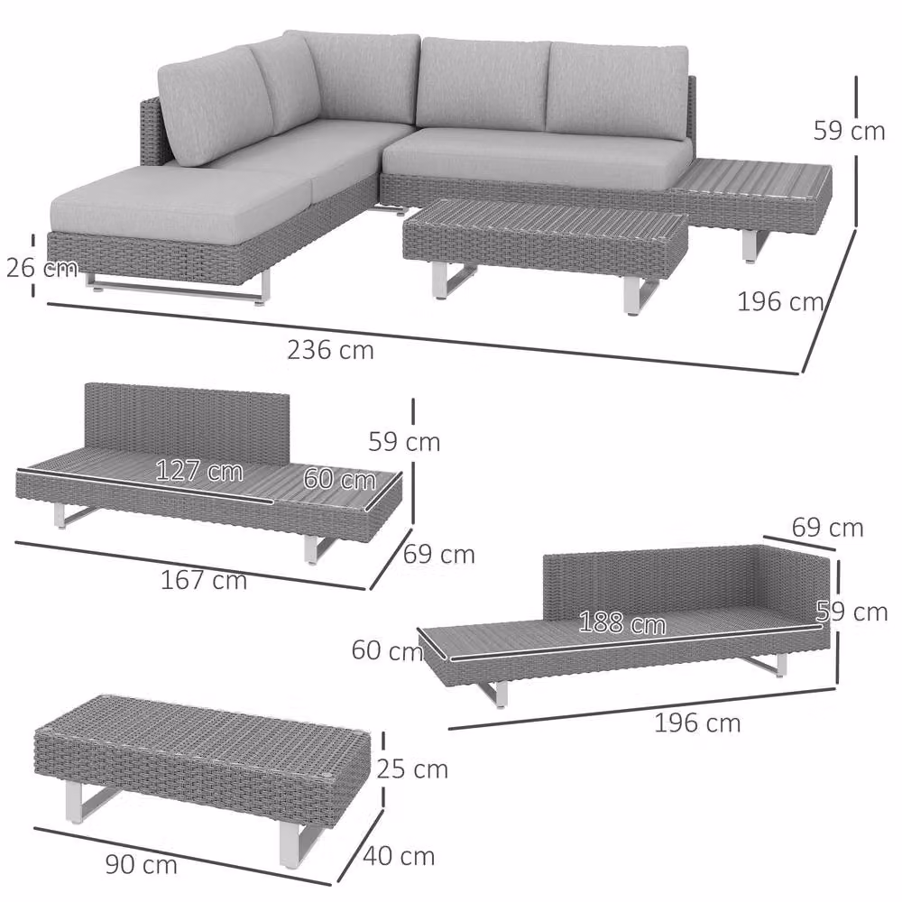 OUTSUNNY 3-Piece L-Shape Rattan Wicker Garden Sofa Set with Coffee Table and Cushions in Grey – 2