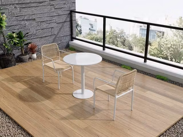 MYLIA Set of 2 Stackable Modern Garden Armchairs in Beige Metal and Woven Resin