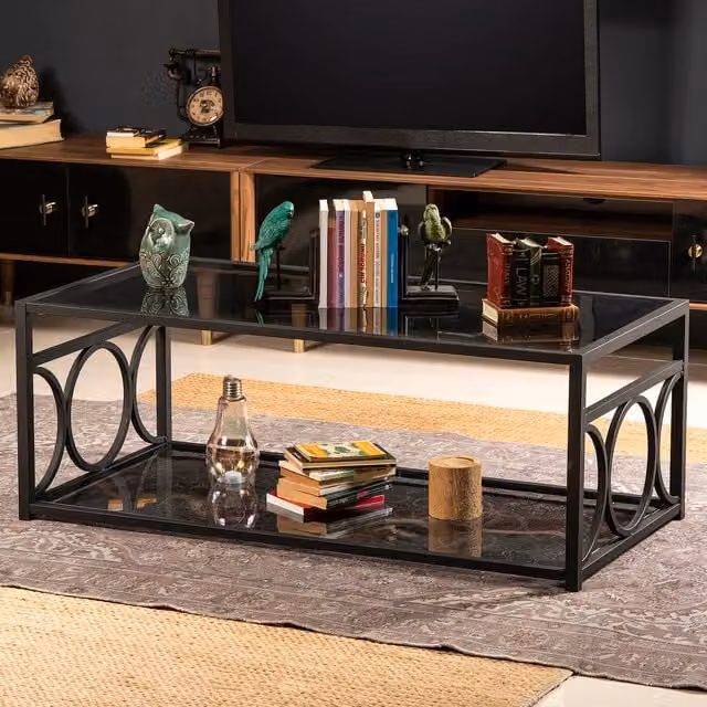 Decorotika Modern Rectangular Black Glass and Metal Coffee Table