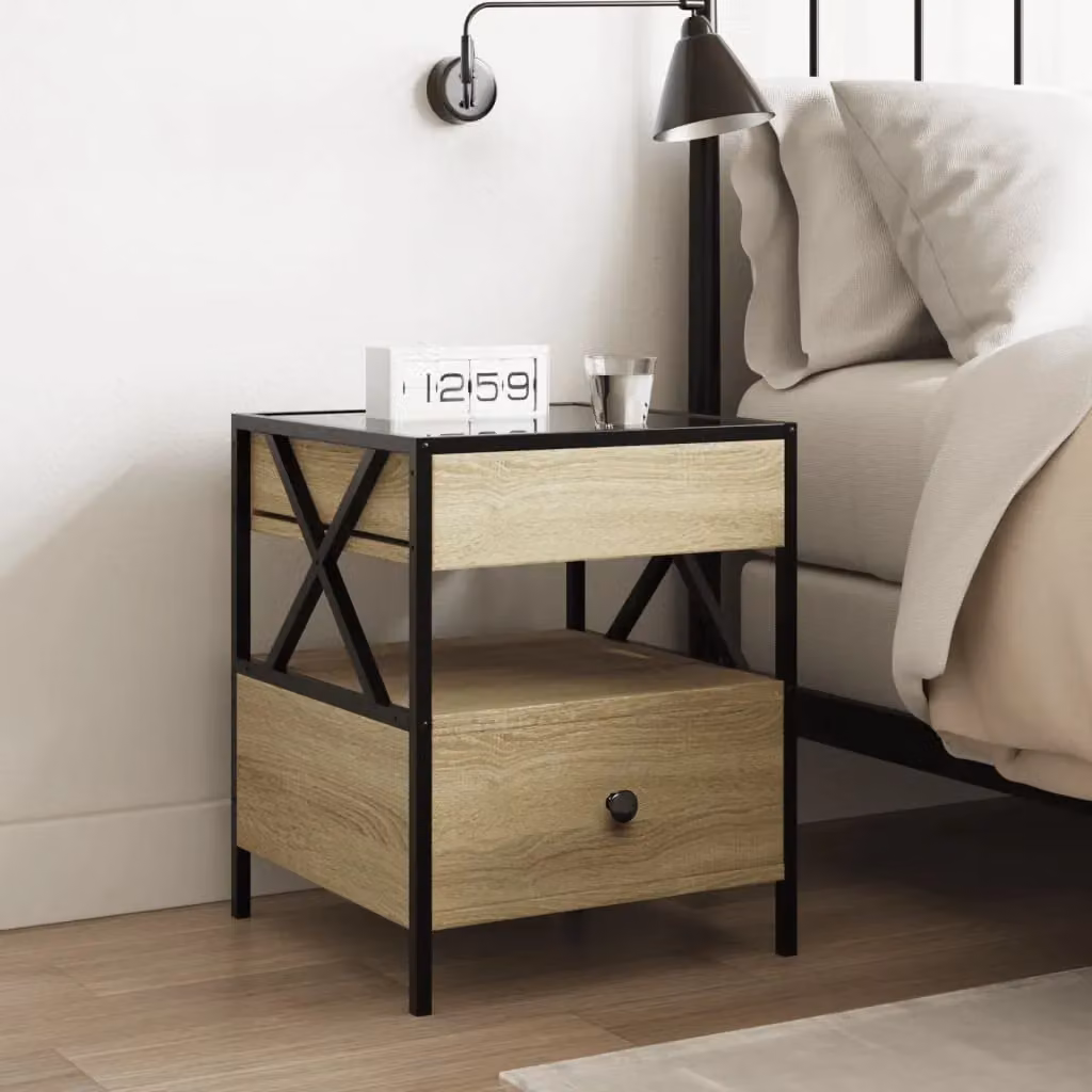 Berkfield Home Infinity LED Bedside Table in Sonoma Oak Brown with Mirror Top, W/D/H: 40 x 40 x 51 cm – 3