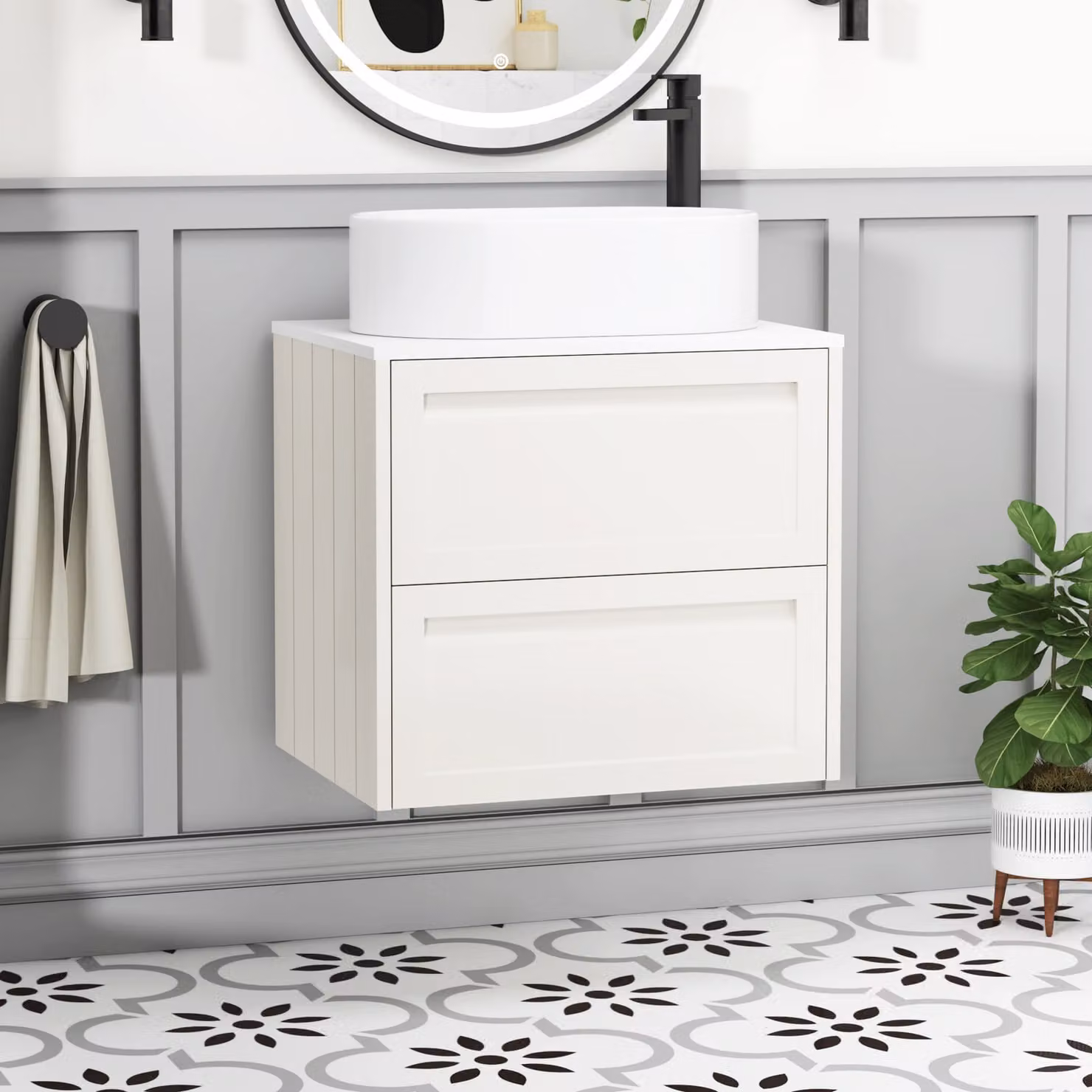 Royal Bathrooms Elmore Classic White Wall Hung Vanity Unit with 2 Drawers and Peak Basin, Width: 60 cm