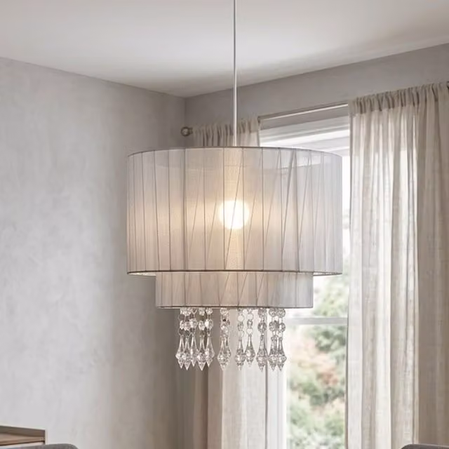 Orsina Elegant Beaded Silver Voile Pendant Shade with Crystal Accents – 2