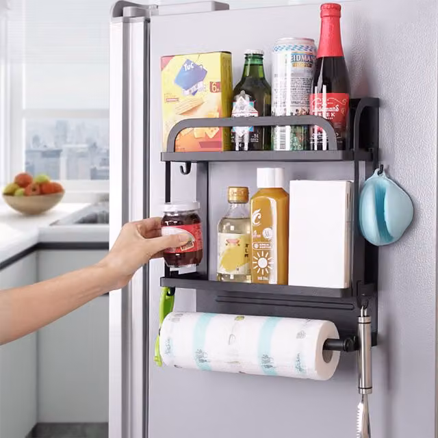 Livingandhome Magnetic Fridge Side Storage Hanging Shelf with Paper Towel Holder, Black Coated Steel