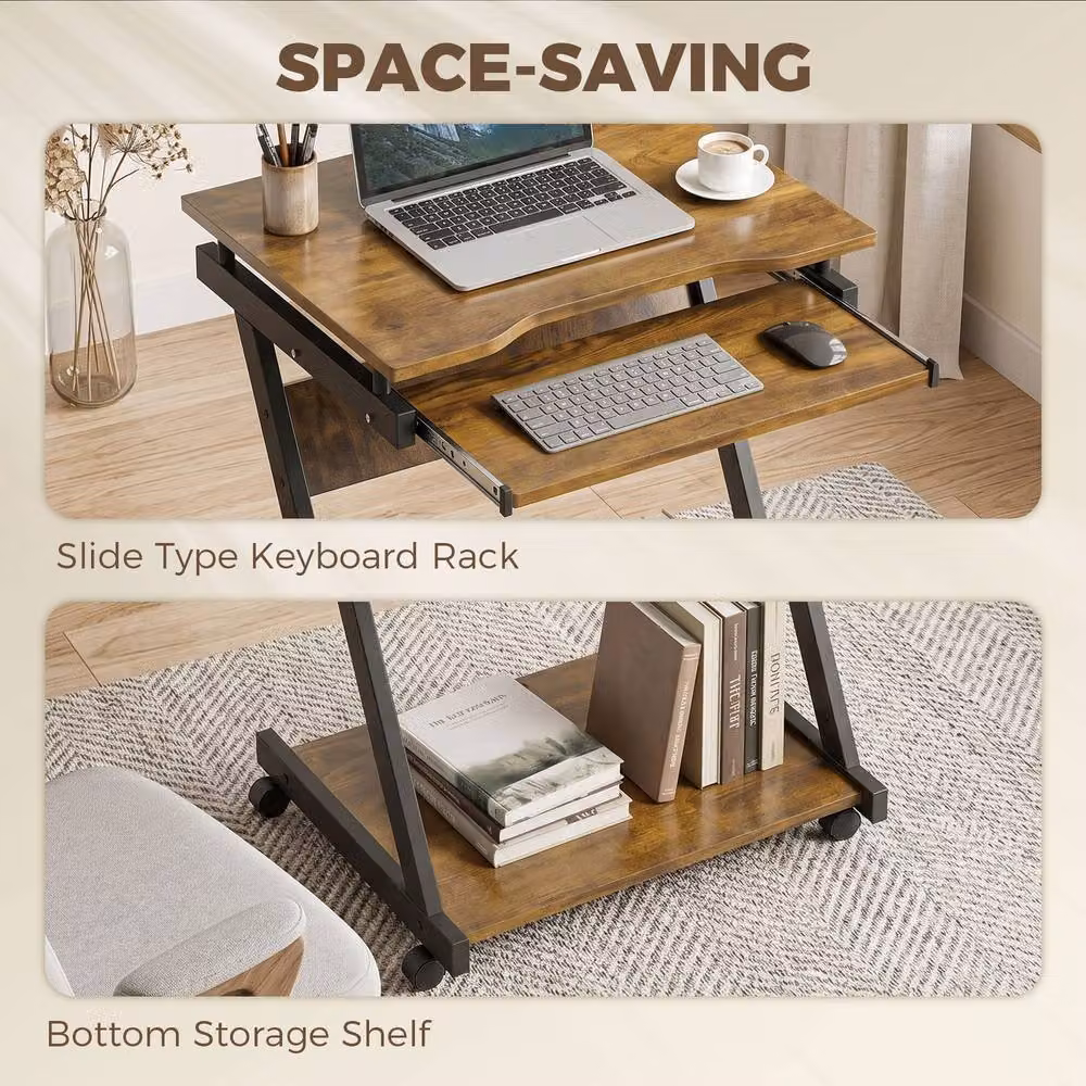 HOMCOM Movable Computer Desk with Castors in Rustic Brown – 4