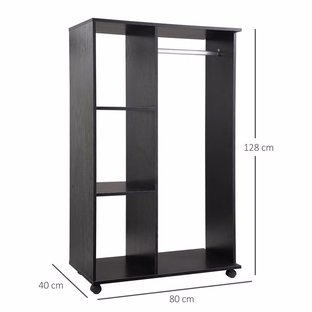 HOMCOM Rolling Open Wardrobe with Hanging Rail and Storage Shelves, Black – 3